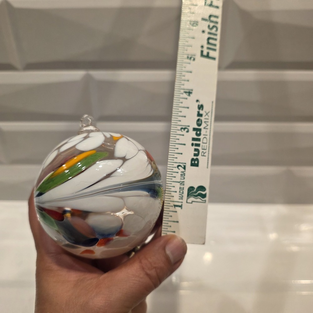 Set Of 2 Art Glass Hand Blown Christmas Ornament Orb Balls Blue Swirl & Multi - Picture 13 of 13